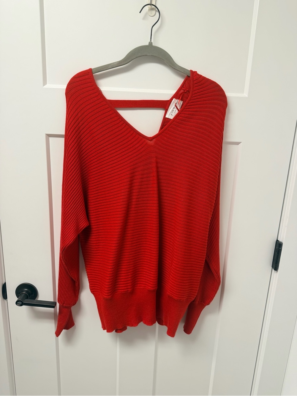 Red V-Neck Ribbed Women's Sweater